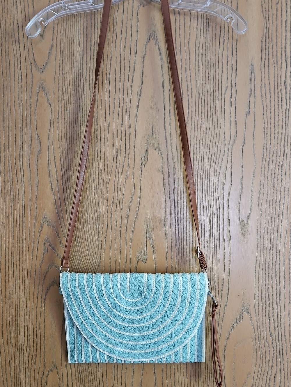 Aqua Woven Crossbody Clutch with Brown Strap